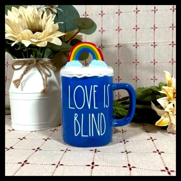 Rae Dunn LOVE IS BLIND Blue Ceramic Mug With Rainbow Figural Topper Pride 2021 - Picture 6 of 9